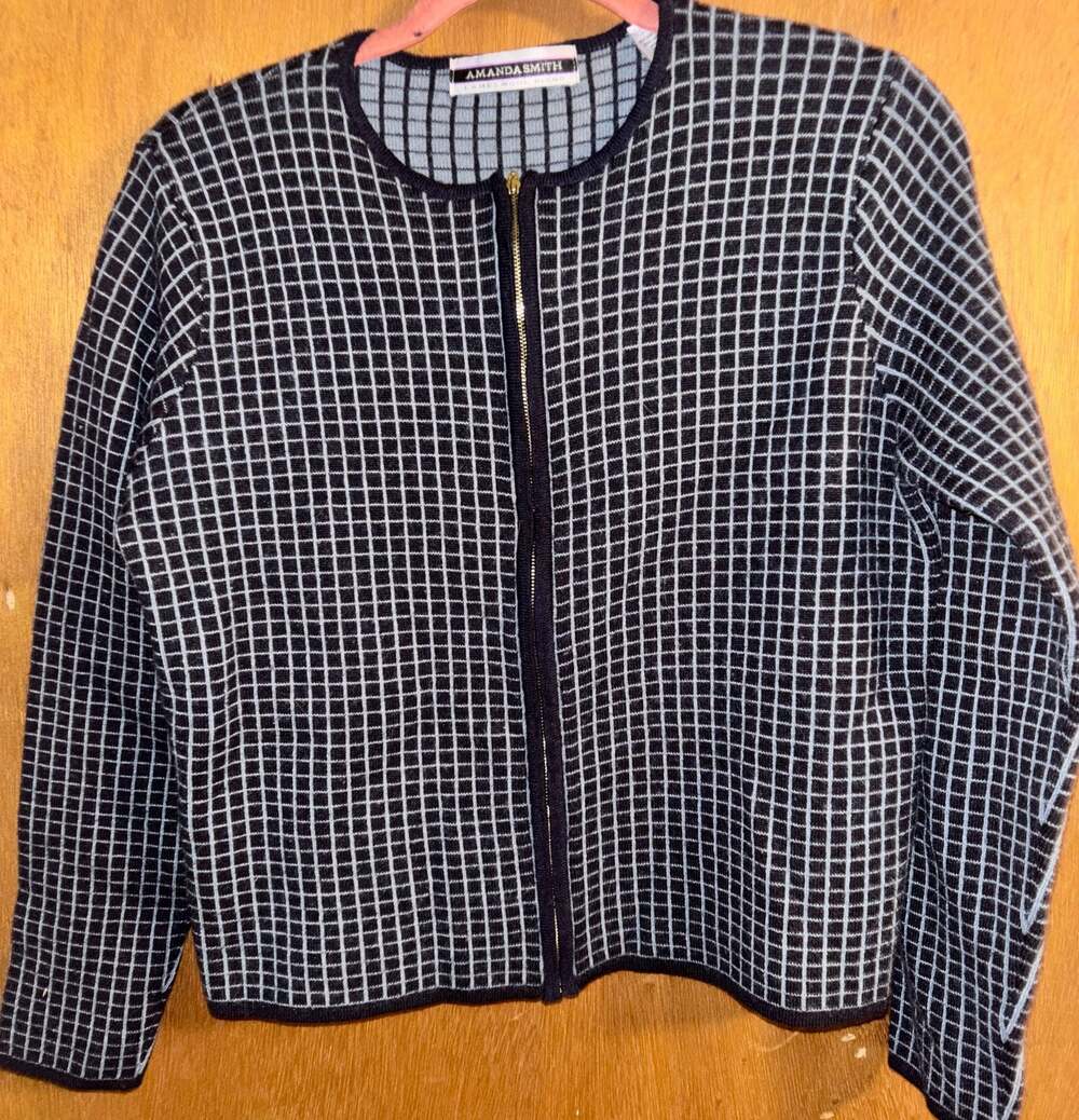Amanda Smith Lambswool Blend Grid Pattern Full Zip Cardigan Sweater Size M
